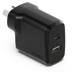 Cygnett PowerPlus 32W Dual Port (20W USB-C + 12W USB-A) PD Fast Wall Charger-Black