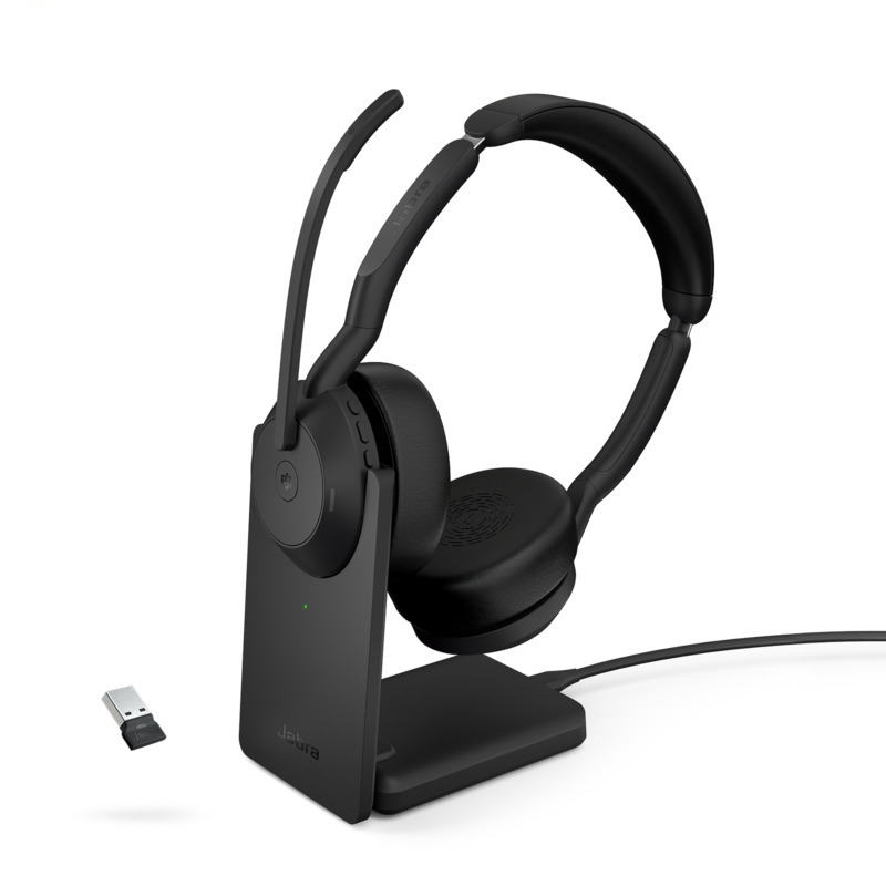 Jabra Wireless Evolve2 55 MS Stereo Bluetooth ANC Headset W/Charging Stand, Link380A, USB-A