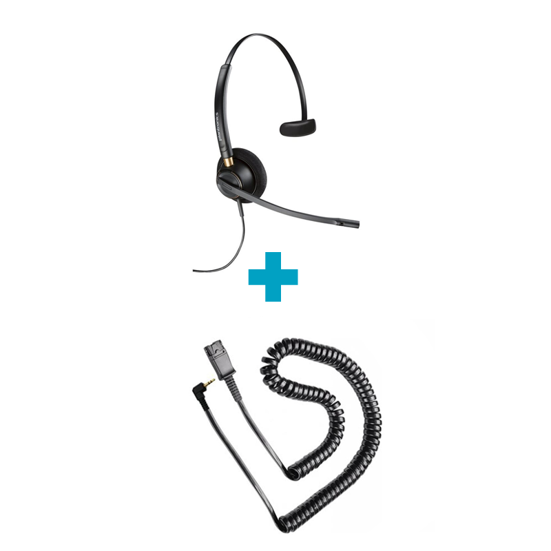 EncorePro HW510 Mono Wired Headset and Right Angle 3.5mm to QD Cable for Alcatel Bundle