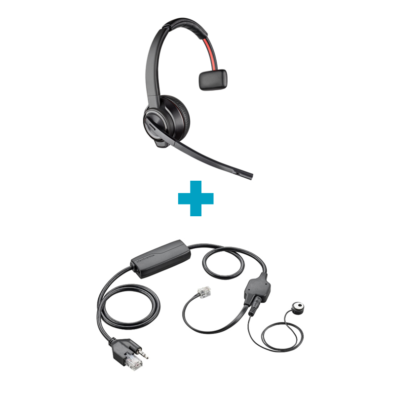 Savi W8210 UC Mono DECT Wireless Headset and APV-66 Electronic Hook Switch Cable Bundle